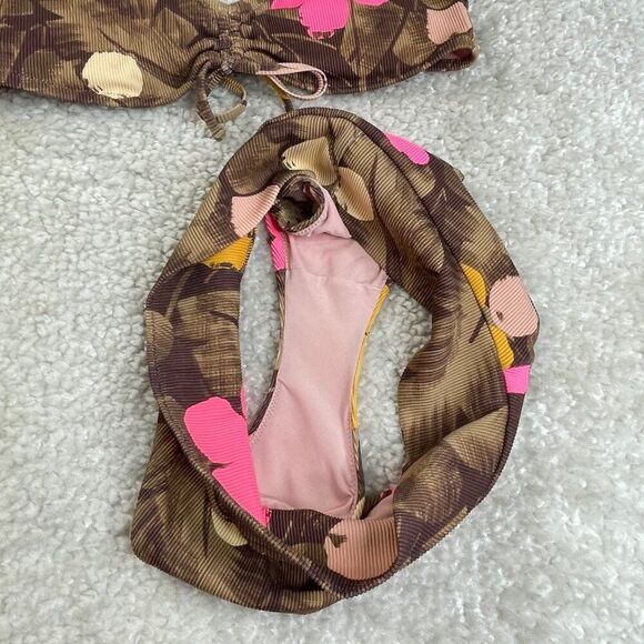 Aerie High Cut Cheeky Bikini Bottom Scoop Rib Top Set Brown Pink - Picture 10 of 14